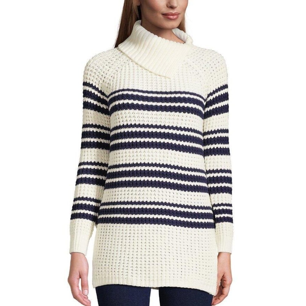 Lands End Navy Blue White Striped Knit Sweater Tunic Size Small‎ Cotton Collar